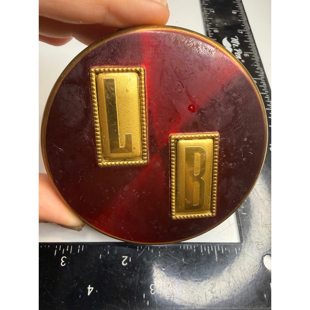 Dorset Fifth Avenue Red Enamel Brass Powder Compact Initialed LB Mirror Flaw